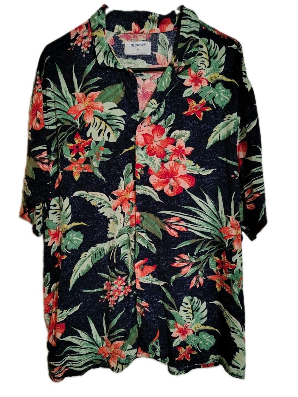 Old Navy Shirt Men's Size XL Tropical Hawaiian Vacations Pink Flowers Blue Green